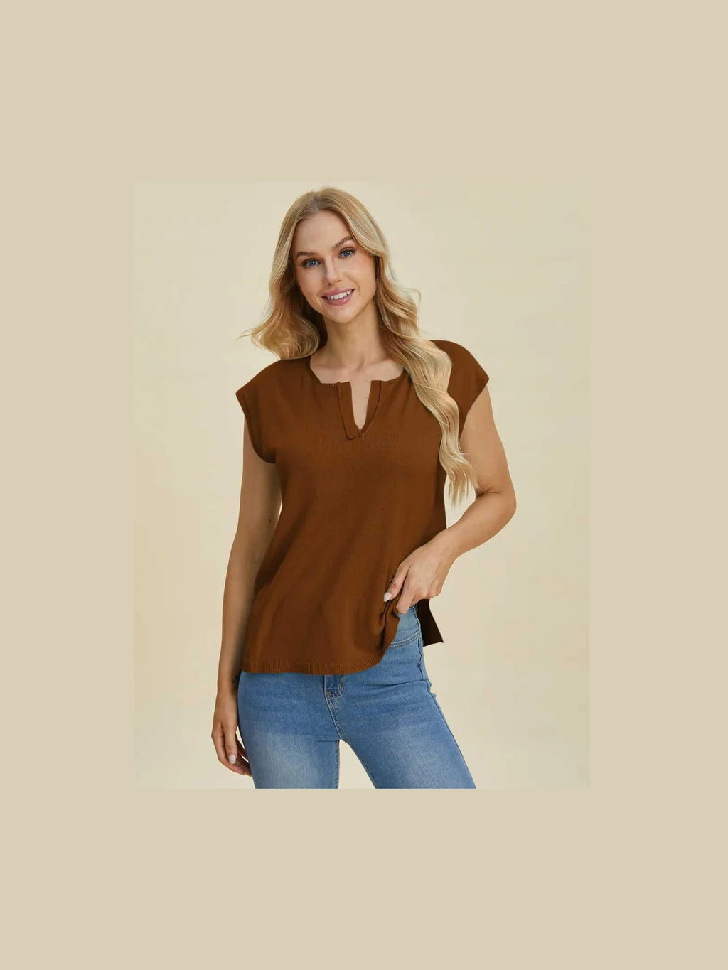 Double Take Full Size Notched Cap Sleeve Knit Top -- 