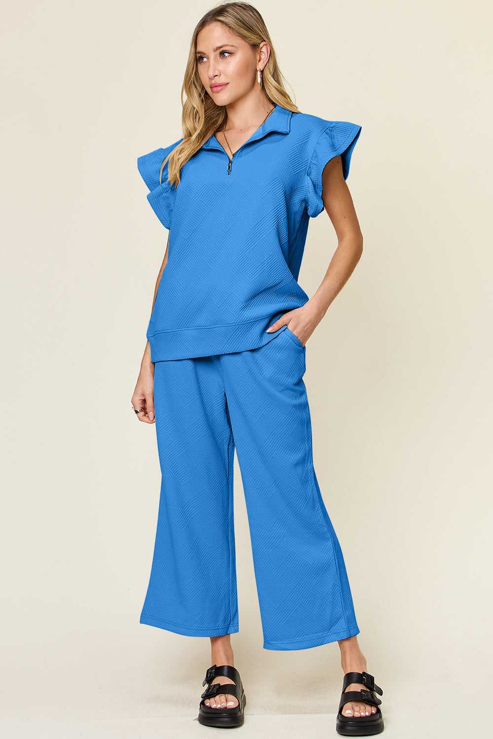 Ruffle Short Sleeve Top and Drawstring Wide Leg Pants Set
