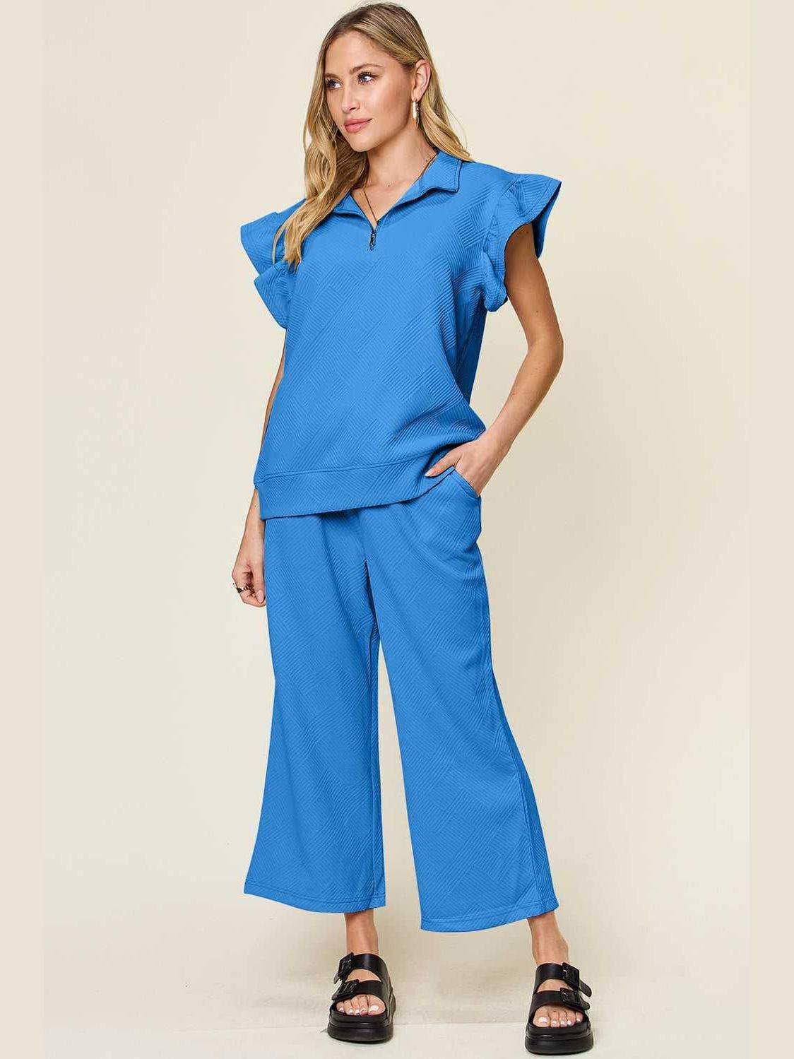 Ruffle Short Sleeve Top and Drawstring Wide Leg Pants Set -- 
