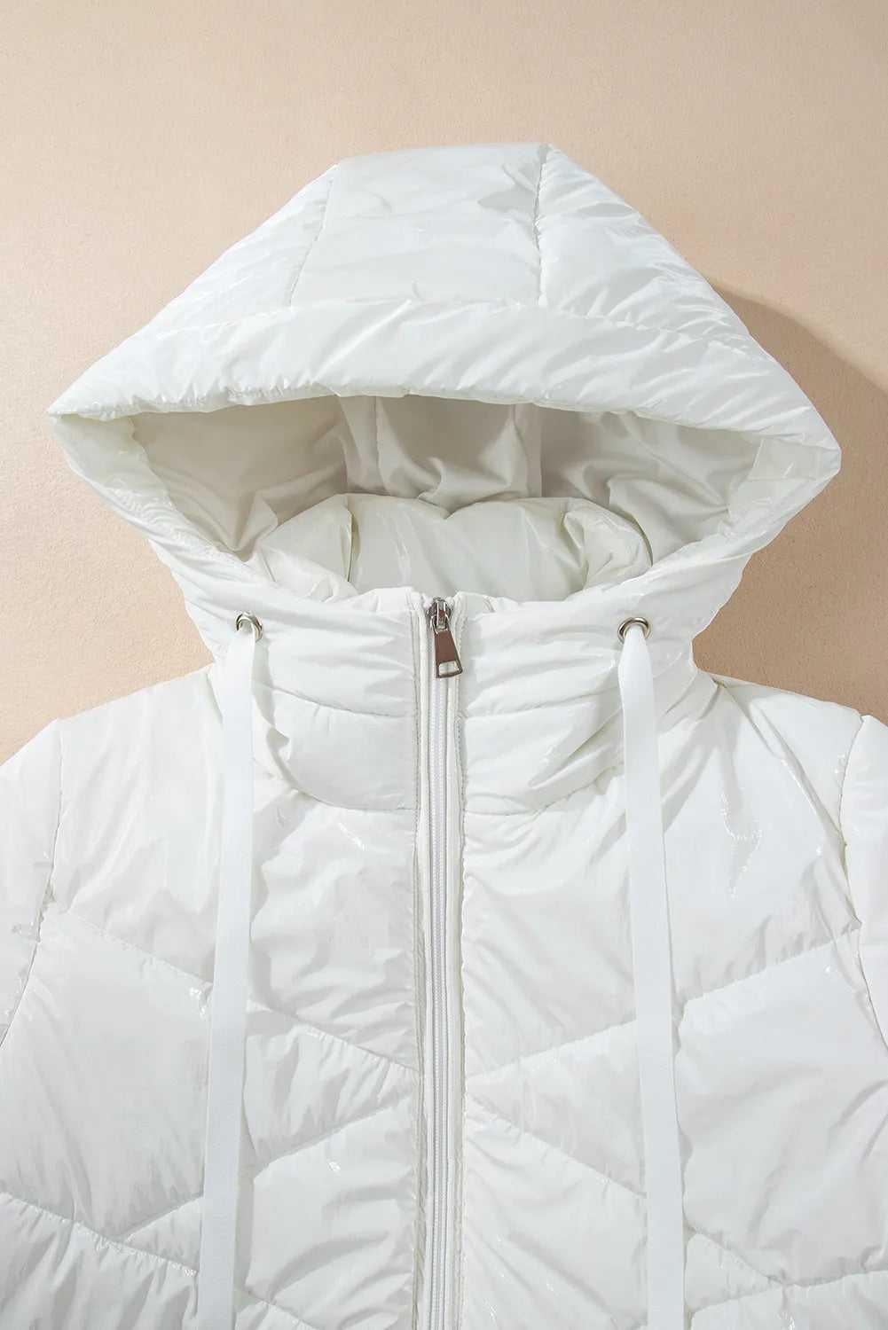 Drawstring Zip Up Long Sleeve Hooded Winter Coat -- 