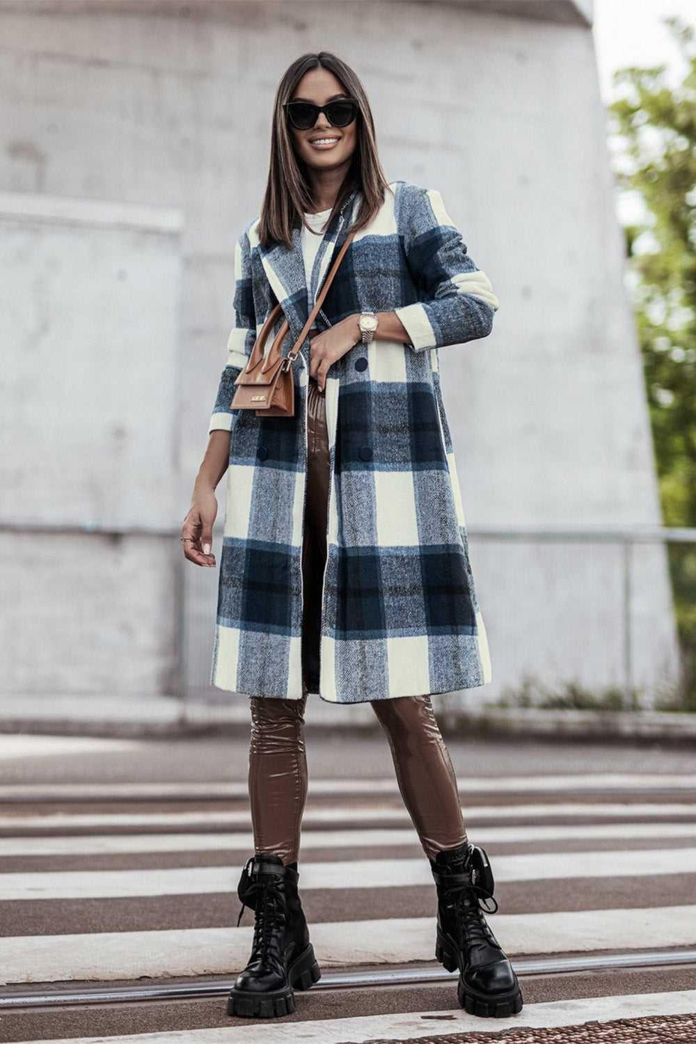 Double Take Full Size Plaid Button Up Lapel Collar Coat -- 