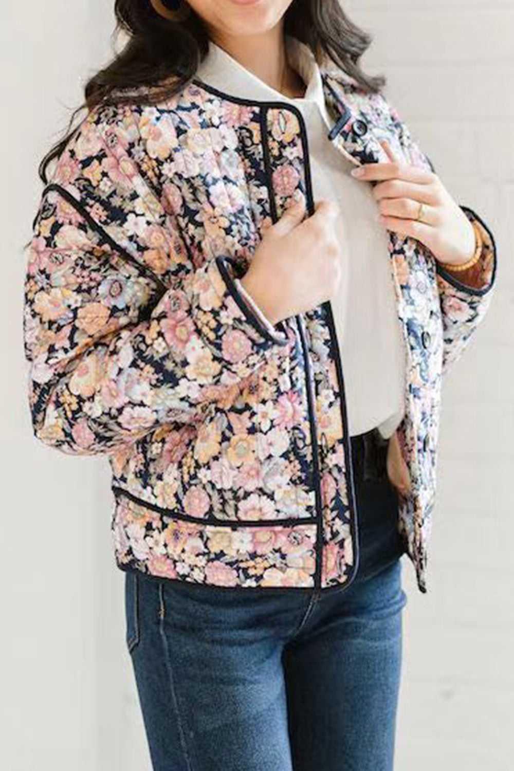 Floral Button Up Long Sleeve Winter Coat -- 