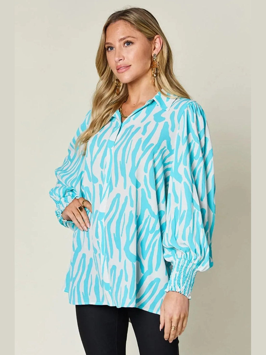 Double Take Full Size Printed Smocked Long Sleeve Blouse Plus Size -- 