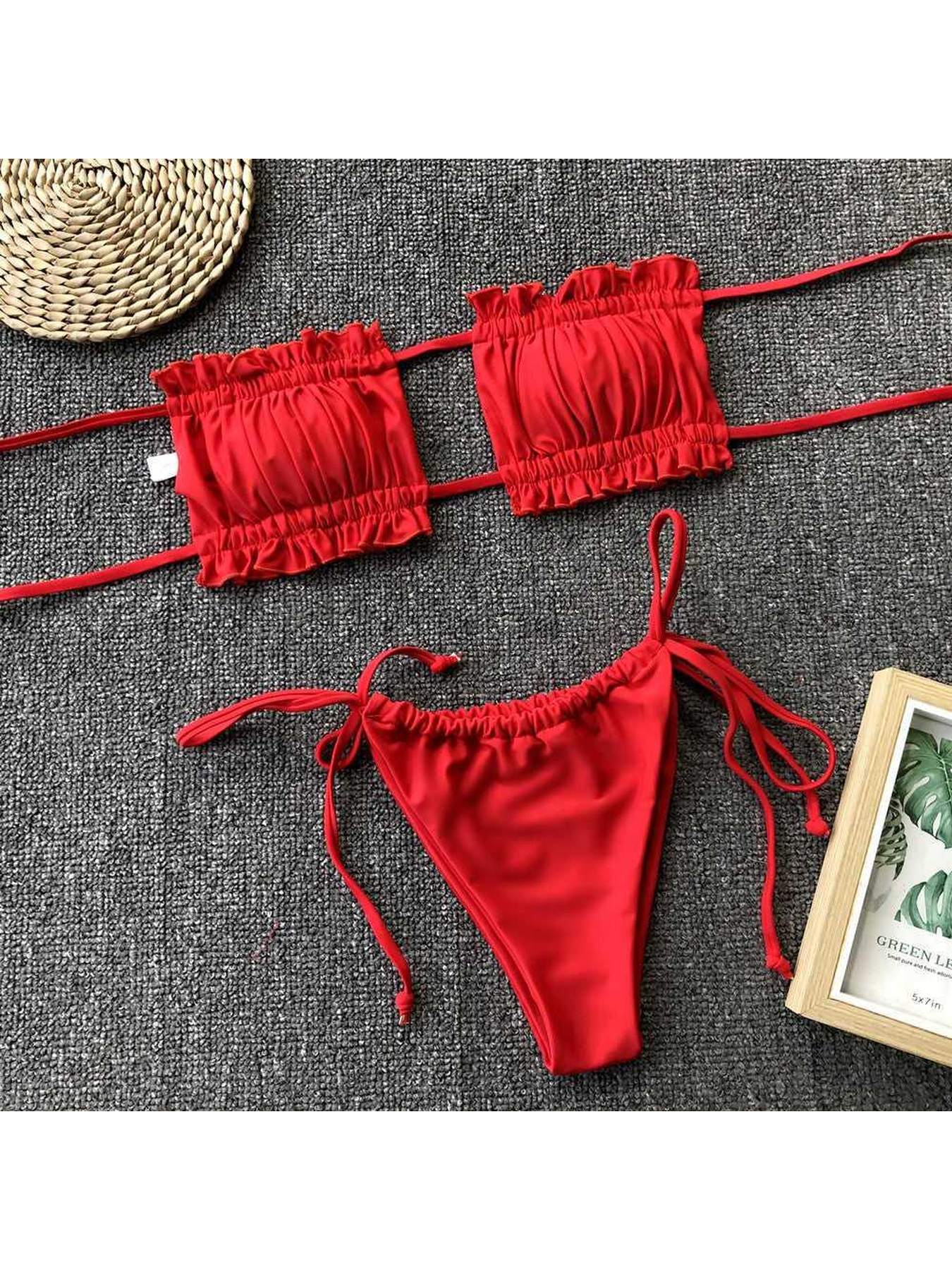 Frill Trim Ruched Bikini Set -- 