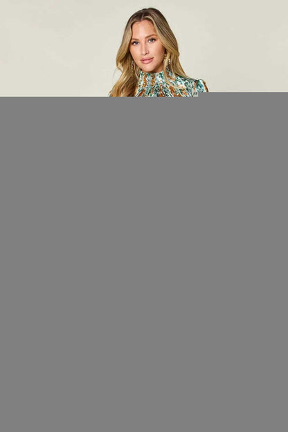 Double Take Full Size Printed Smocked Long Sleeve Blouse