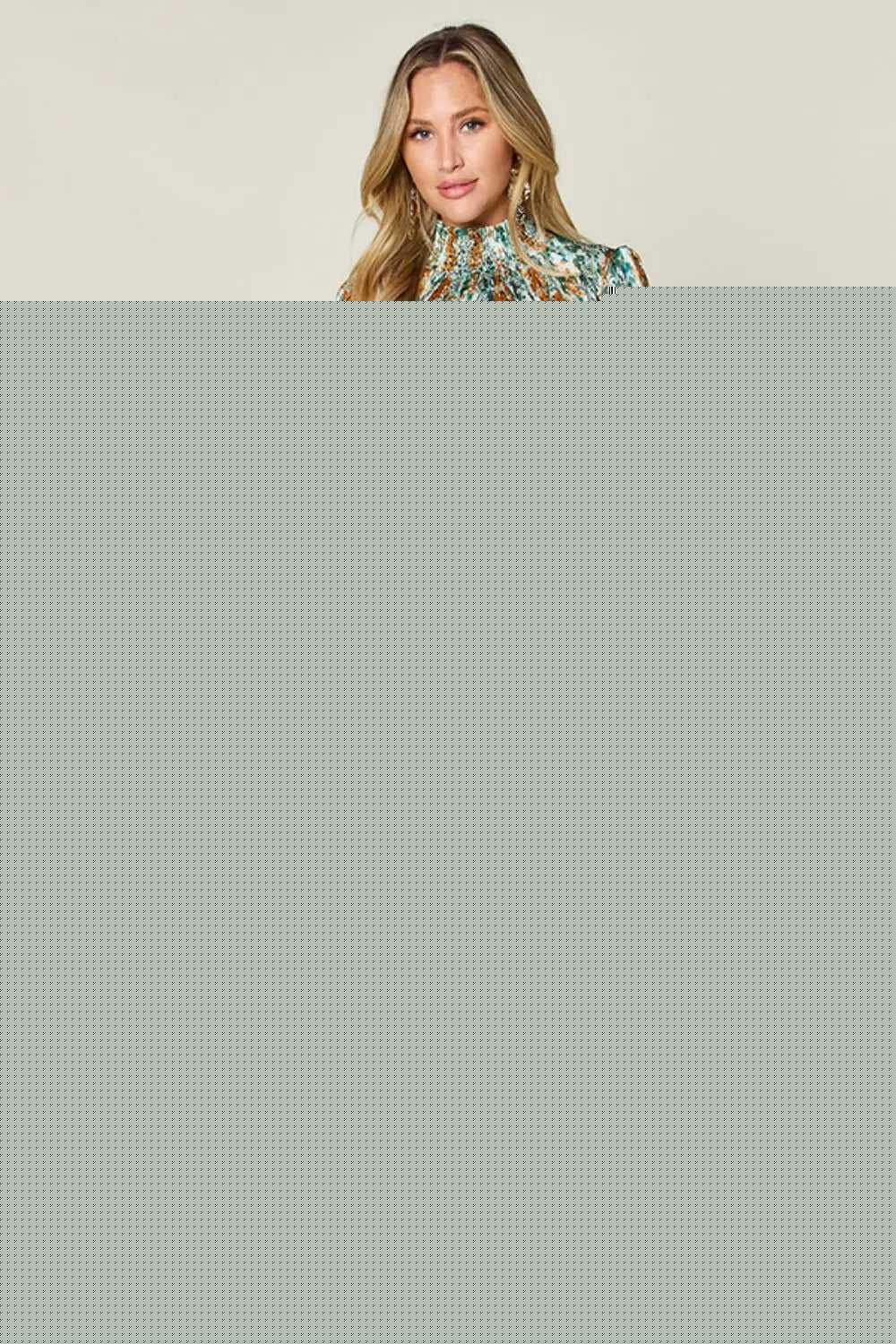 Double Take Full Size Printed Smocked Long Sleeve Blouse -- 
