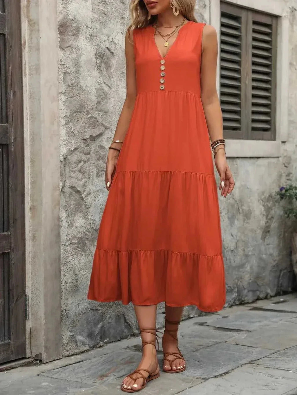 Ivy Lane Decorative Button Notched Sleeveless Dress -- 