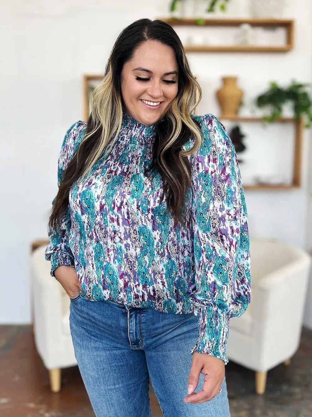 Double Take Full Size Printed Smocked Long Sleeve Blouse -- 