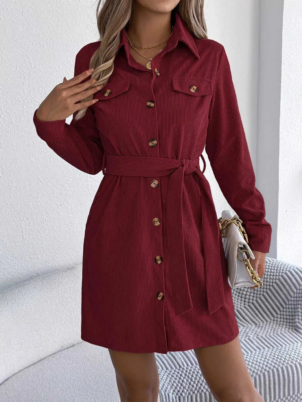 Button-Front Corduroy Shirt Dress -- 