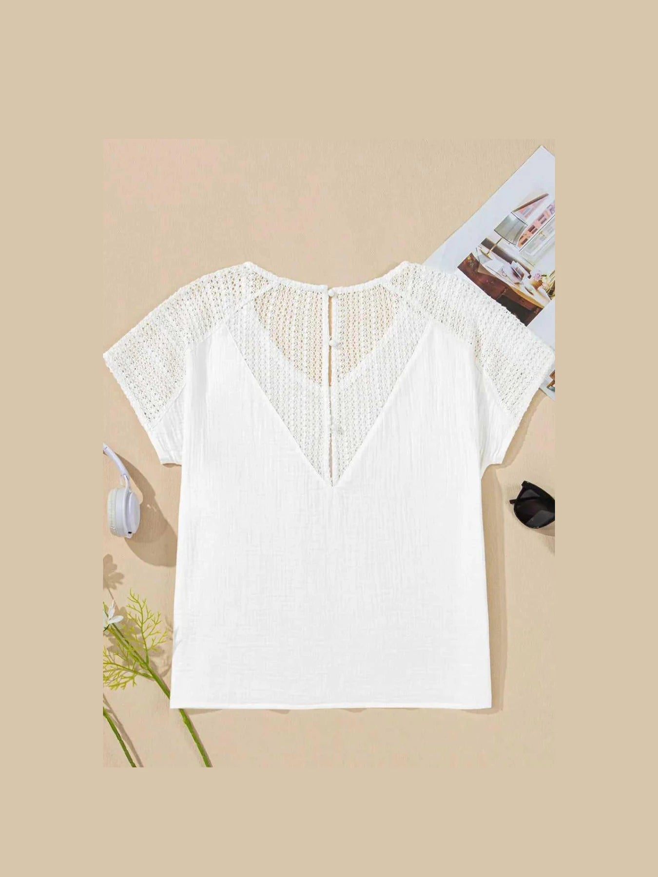 Lace Crochet Textured Button Back V Neck T Shirt -- 