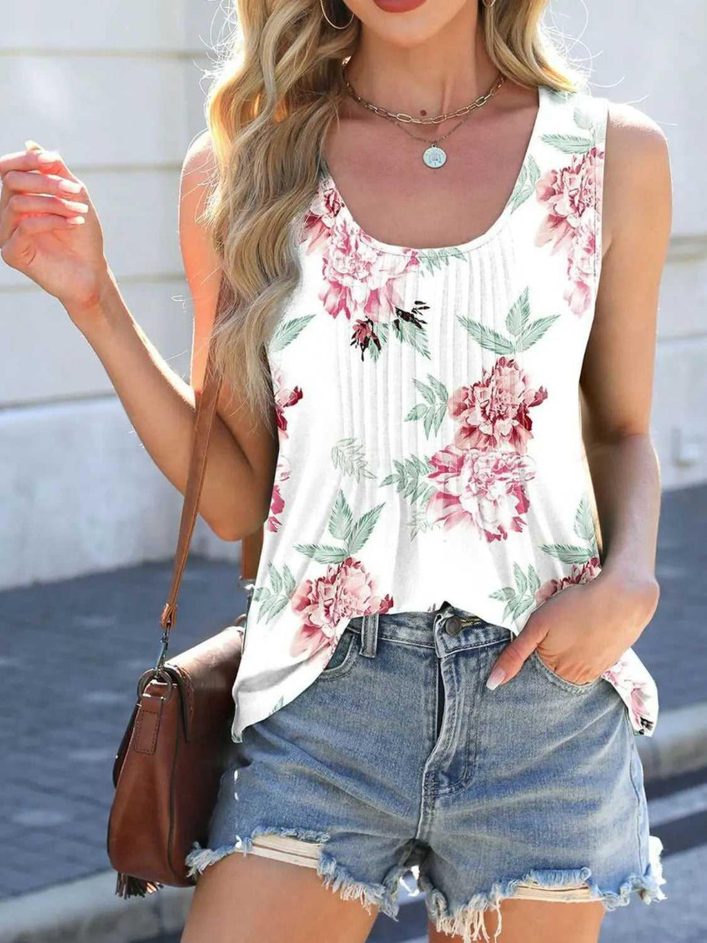 Printed Scoop Neck Wide Strap Tank -- 
