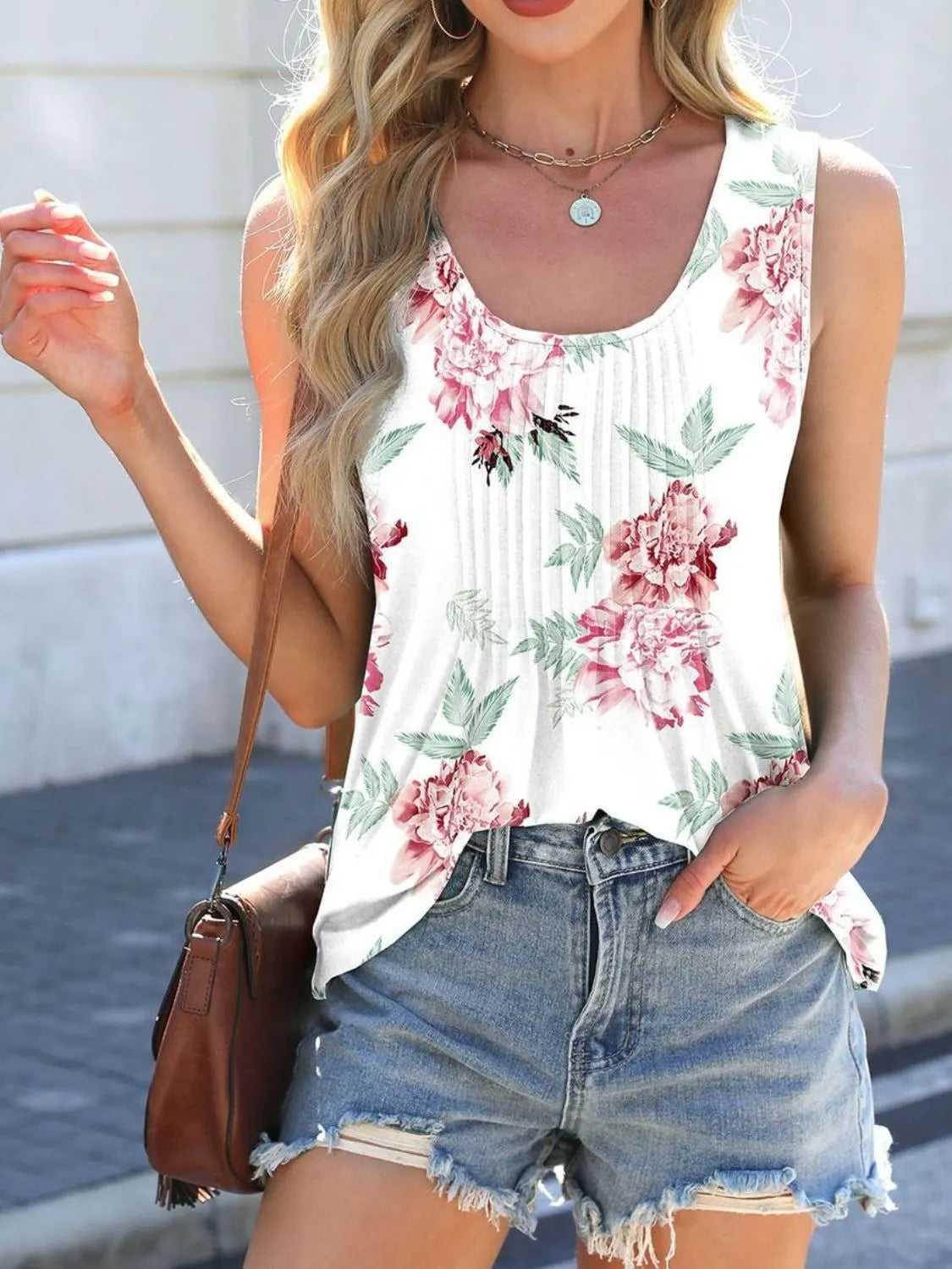 Printed Scoop Neck Wide Strap Tank -- 