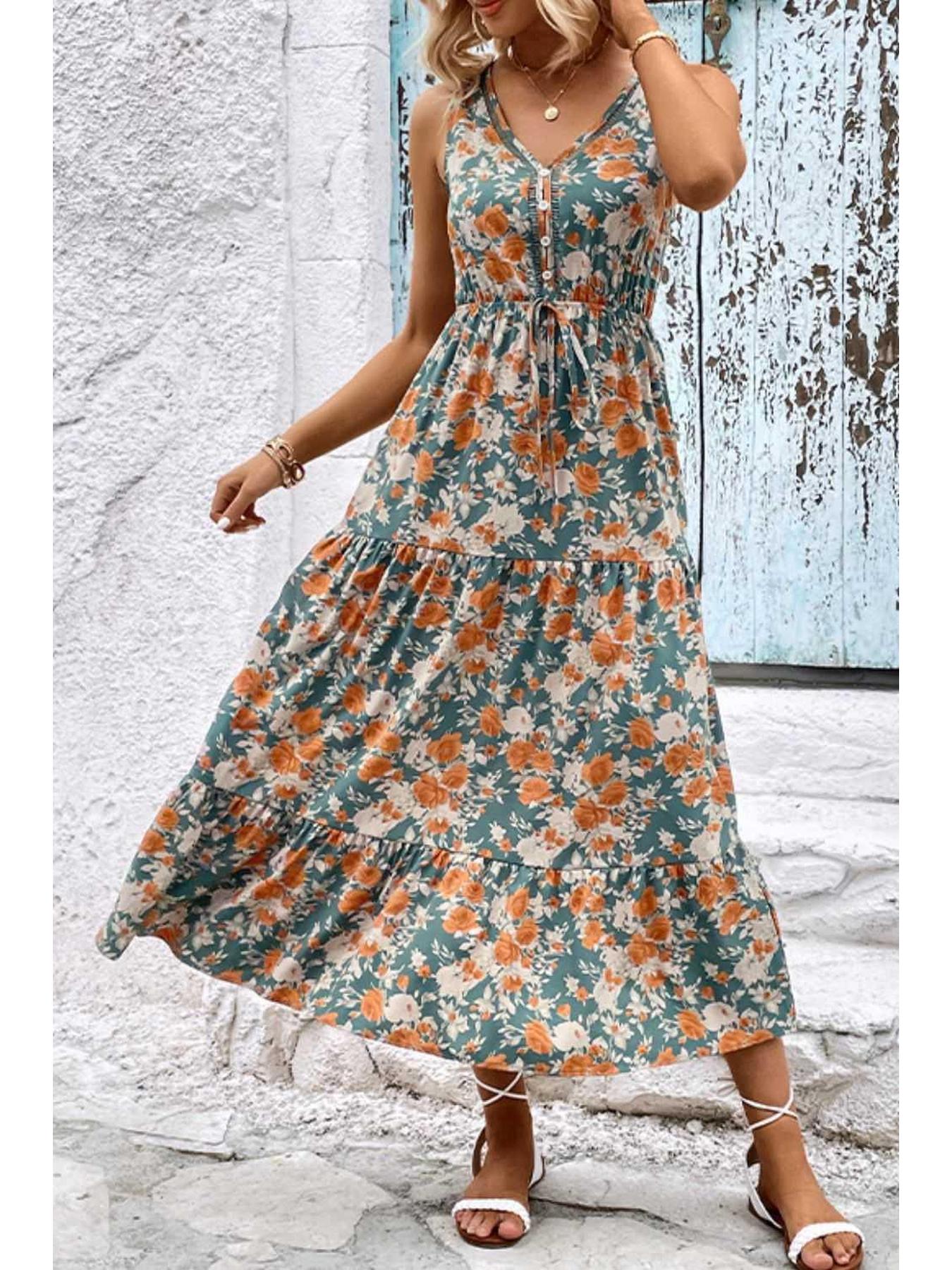 Perfee Floral V-Neck Tiered Sleeveless Dress -- 