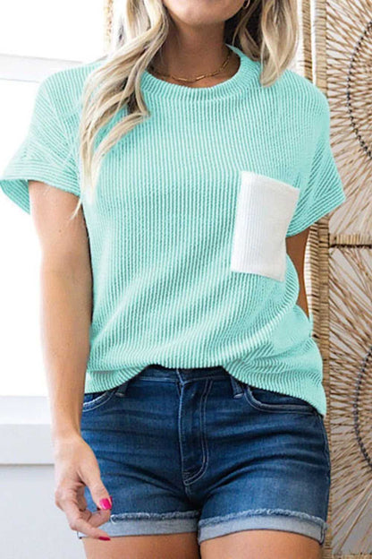 Corded Knit Color Block Pocketed Crew Neck T Shirt