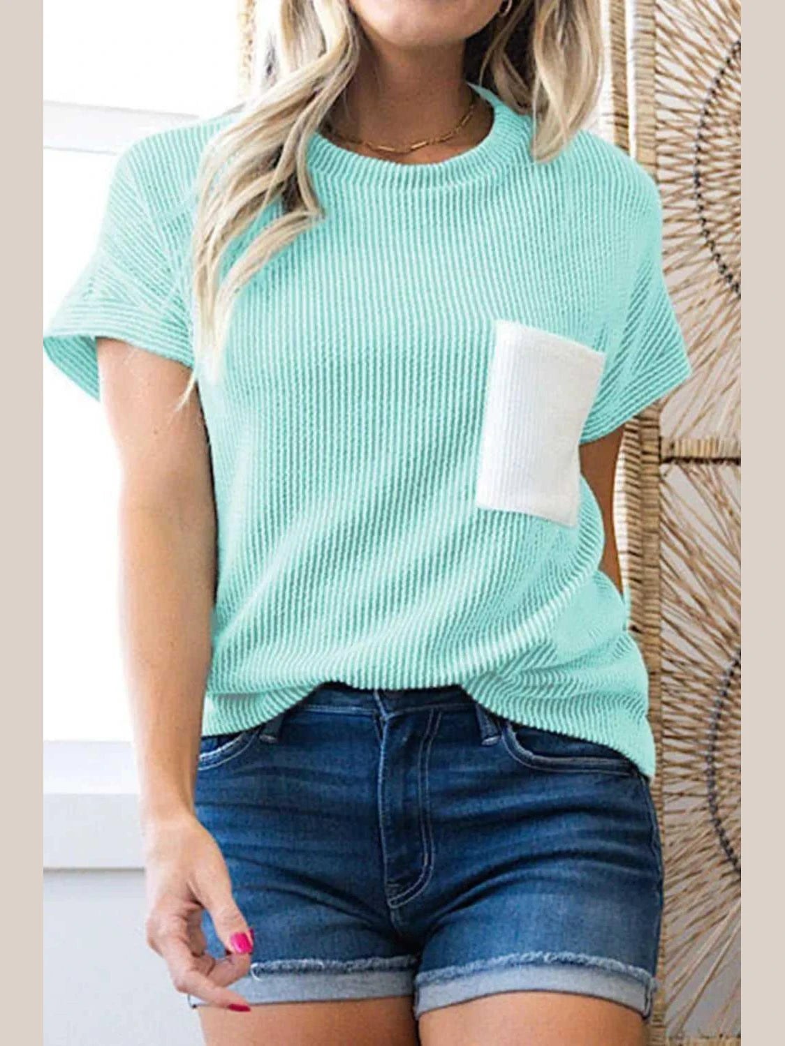 Corded Knit Color Block Pocketed Crew Neck T Shirt -- 