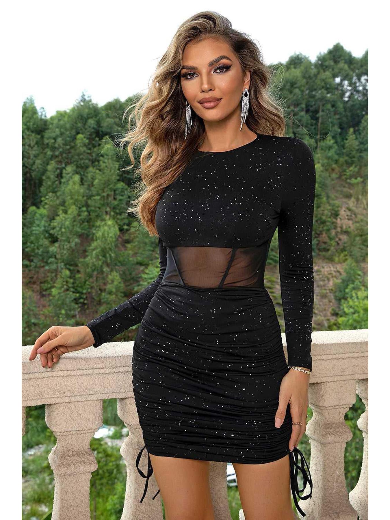 Drawstring Ruched Long Sleeve Dress -- 