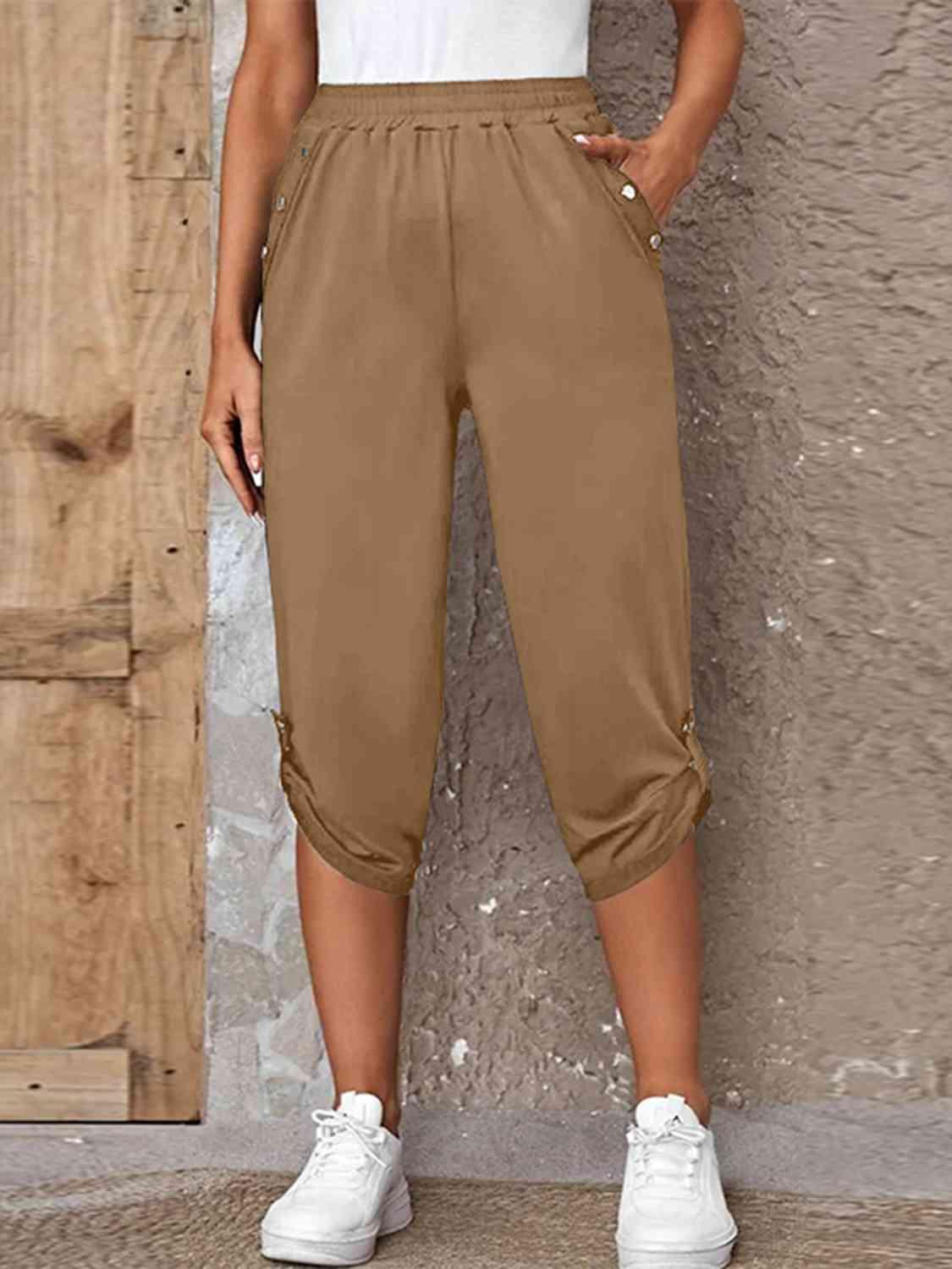 Full Size Roll-Tab Capris Pants -- 