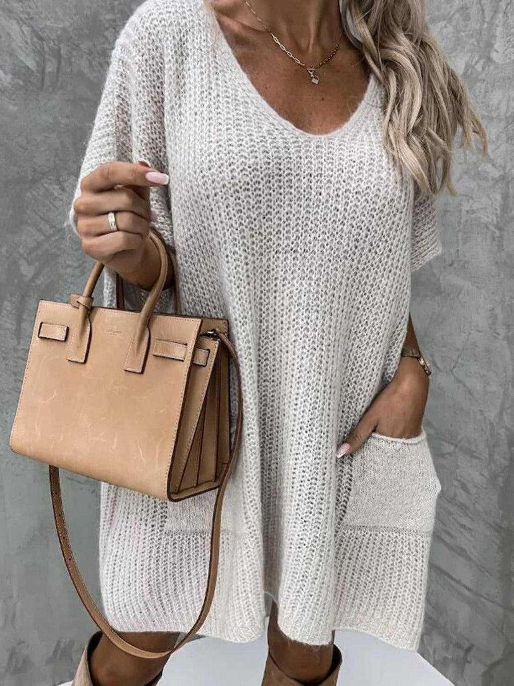 Short Sleeve Sweater Dress with Pockets -- 