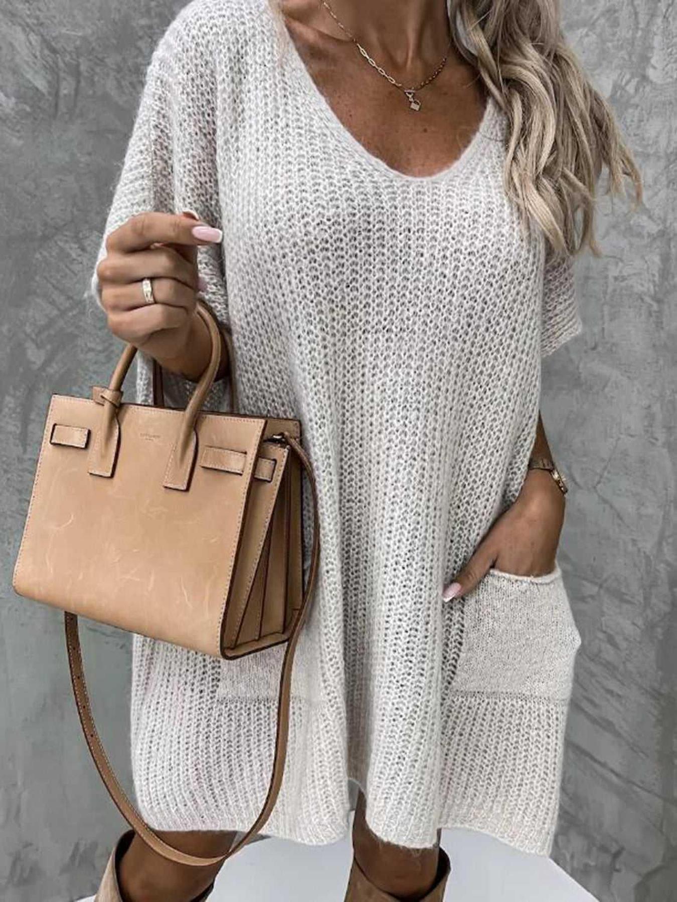 Short Sleeve Sweater Dress with Pockets -- 