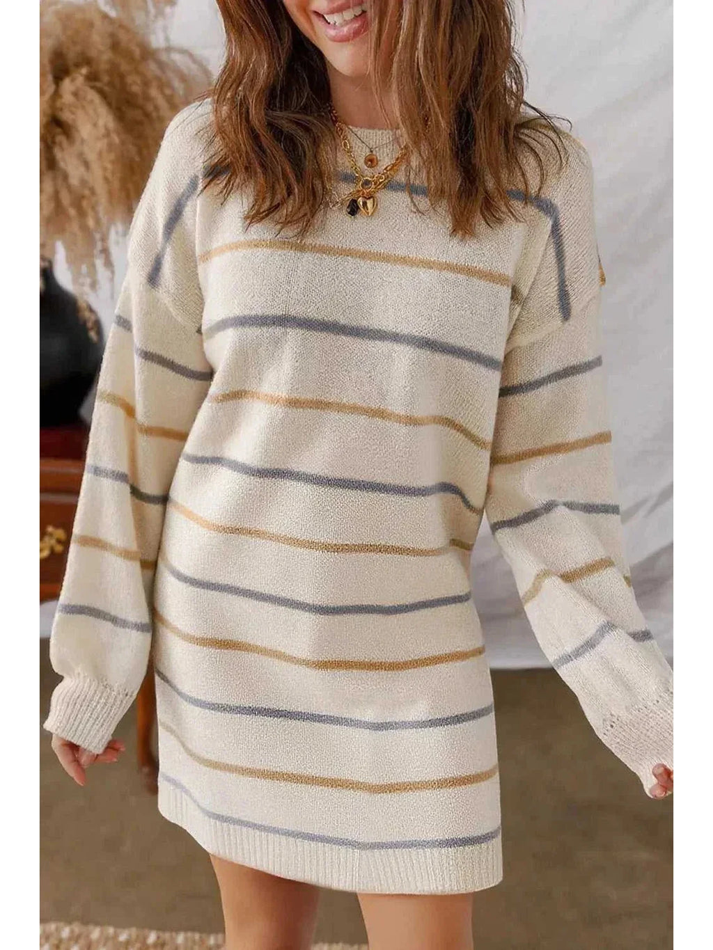 Striped Dropped Shoulder Oversized Sweater Dress -- 
