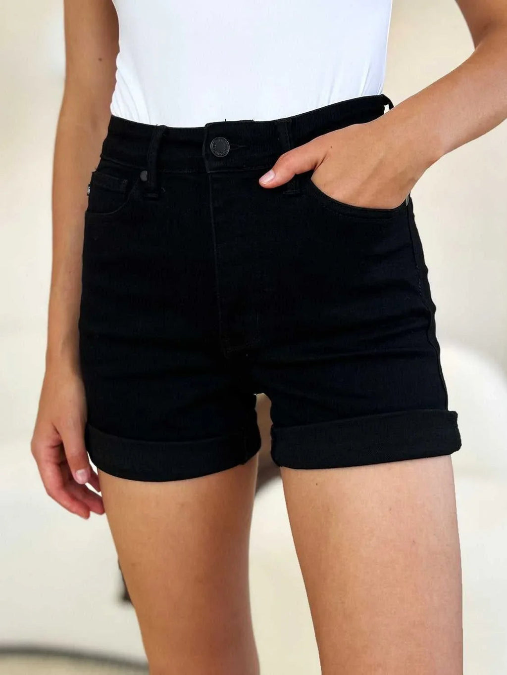 Judy Blue Full Size High Waist Tummy Control Cuffed Denim Shorts -- 