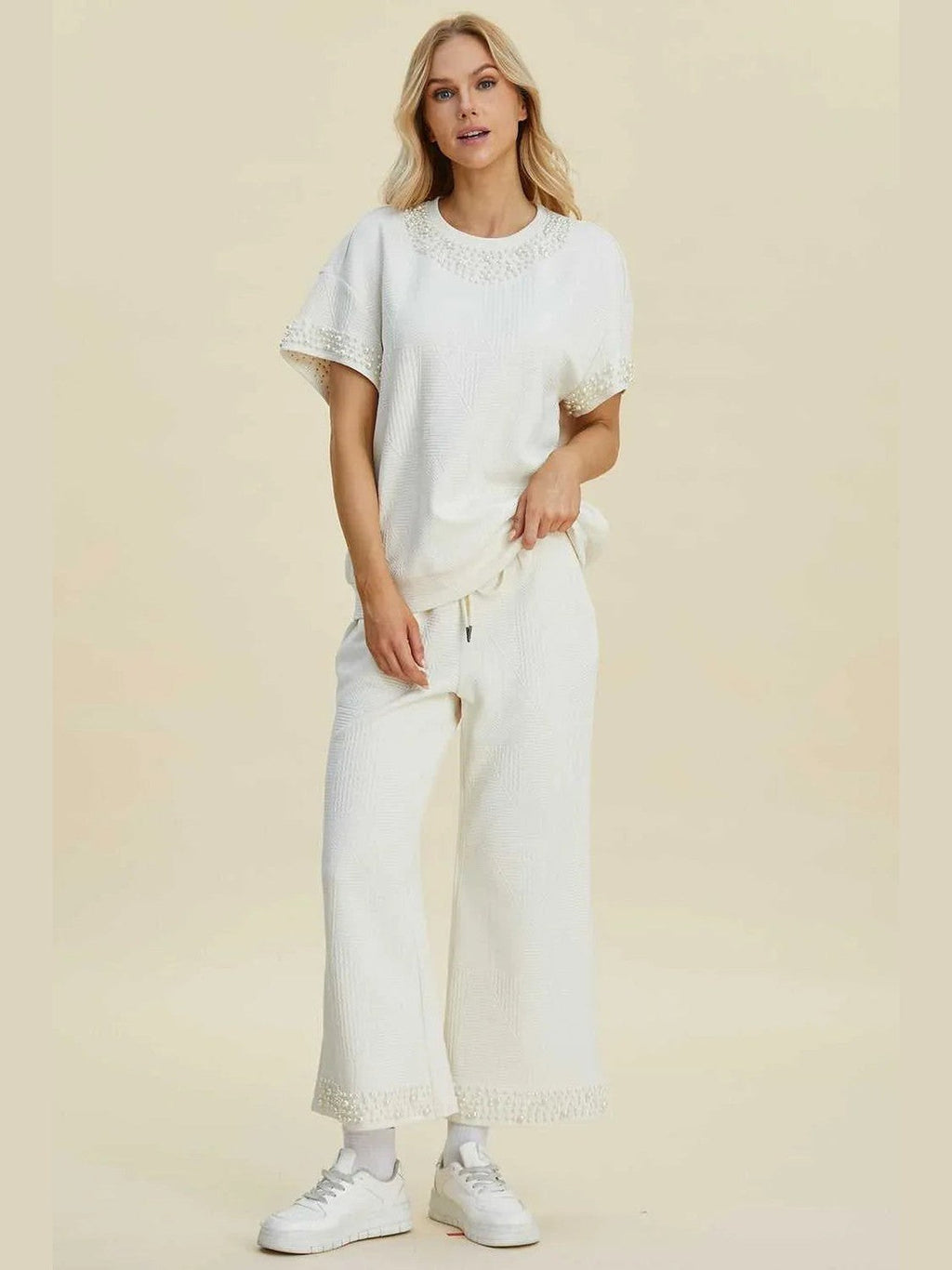 Double Take Full Size Pearl Detail Round Neck Top and Pants Set -- 