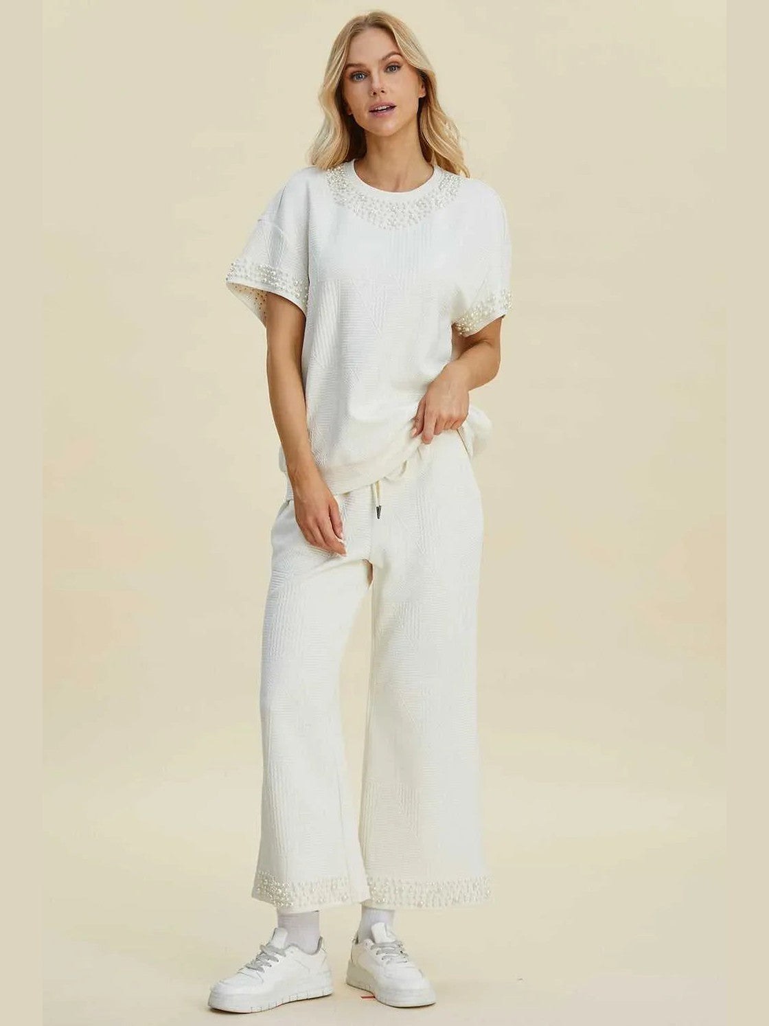 Double Take Full Size Pearl Detail Round Neck Top and Pants Set -- 