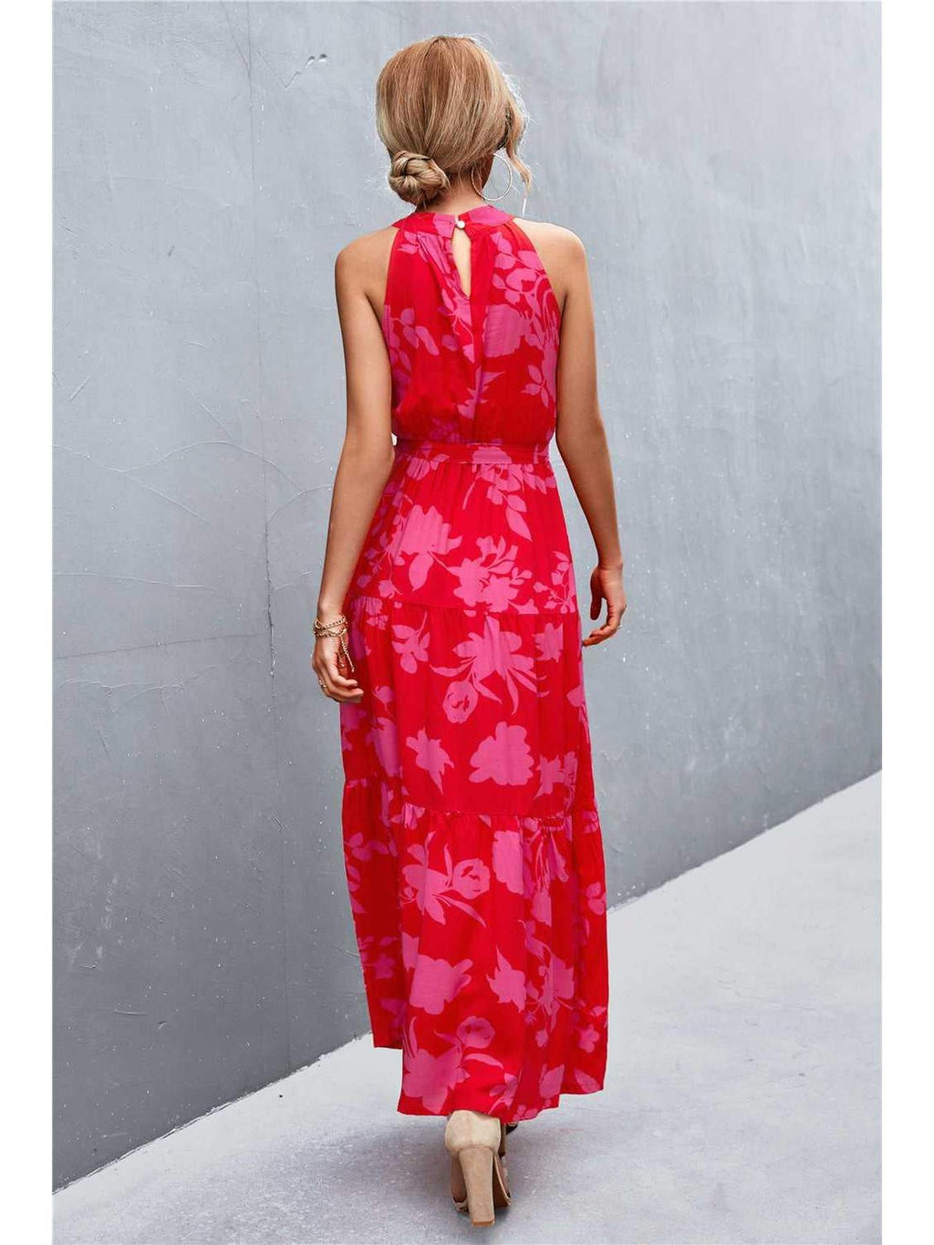 Printed Sleeveless Tie Waist Maxi Dress -- 