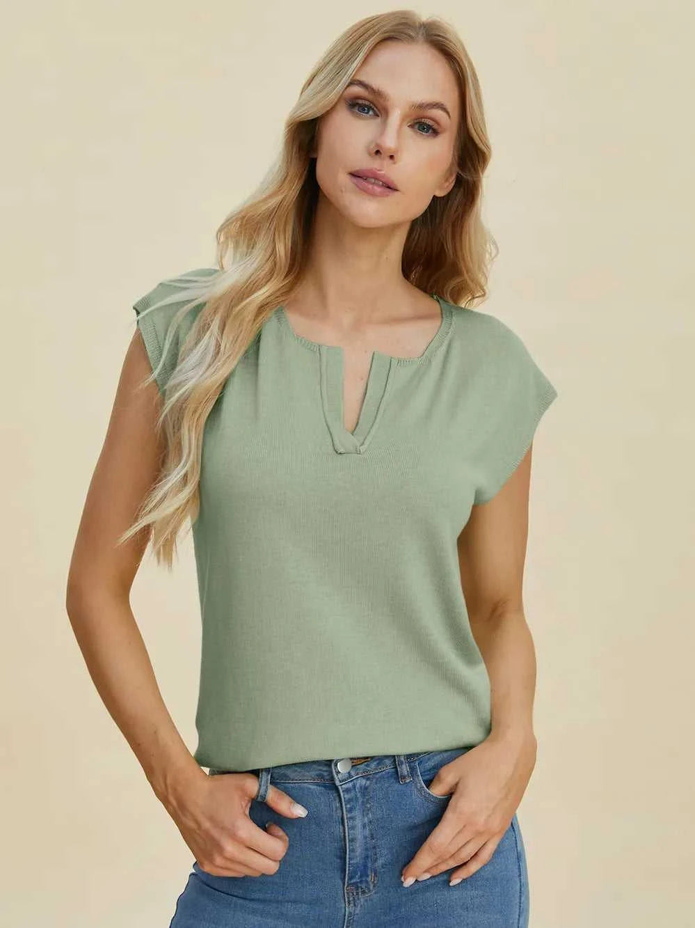Double Take Full Size Notched Cap Sleeve Knit Top -- 
