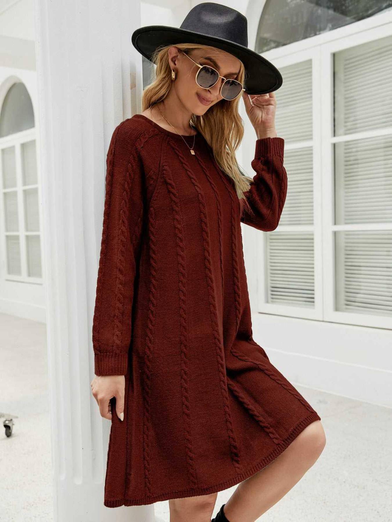 Cable-Knit Long Sleeve Sweater Dress -- 