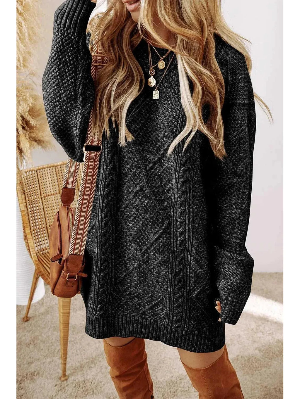 Cable-Knit Round Neck Sweater Dress -- 