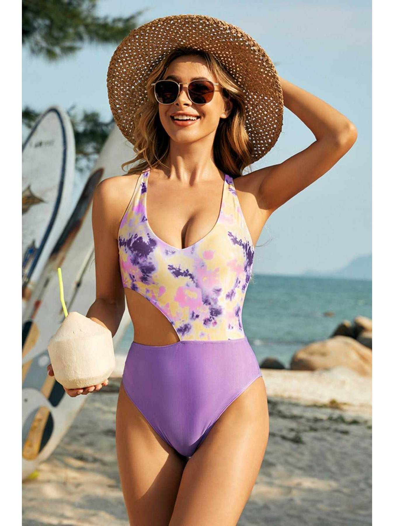 Cutout Tie-Dye Wide Strap One-Piece Swimwear -- 