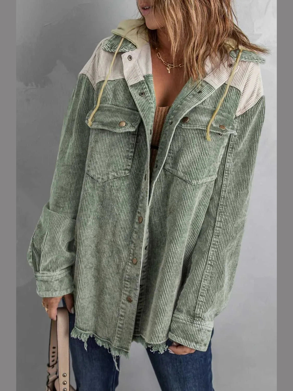 Snap Front Hooded Corduroy Shacket -- 