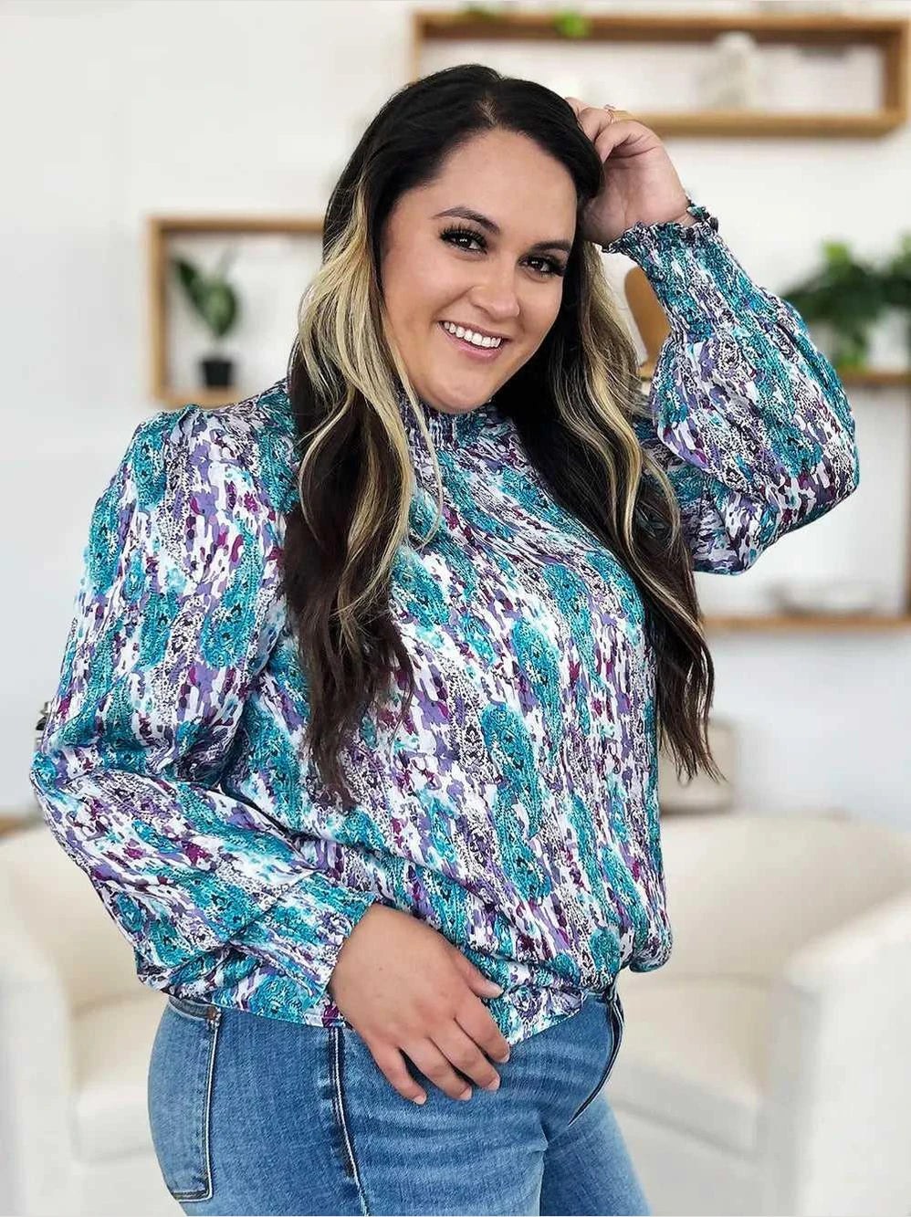 Double Take Full Size Printed Smocked Long Sleeve Blouse -- 
