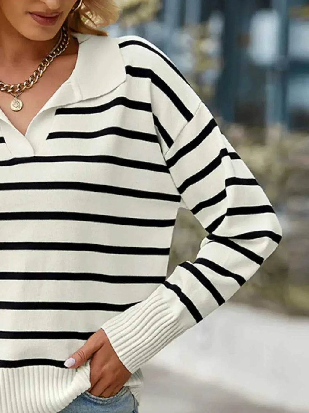 Ribbed Hem Long Sleeve Striped Sweater -- 