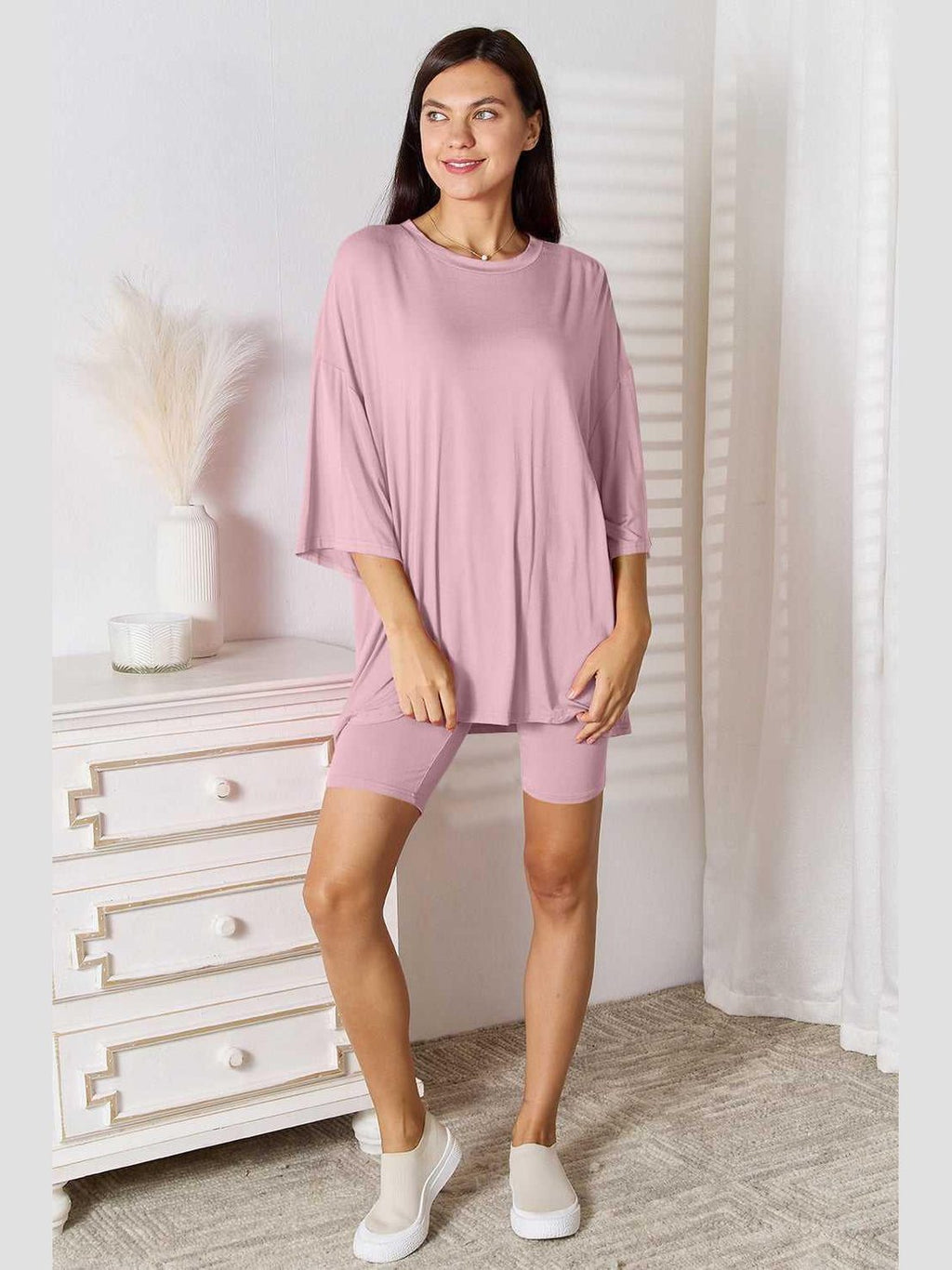 Basic Bae Full Size Soft Rayon Three-Quarter Sleeve Top and Shorts Set -- 