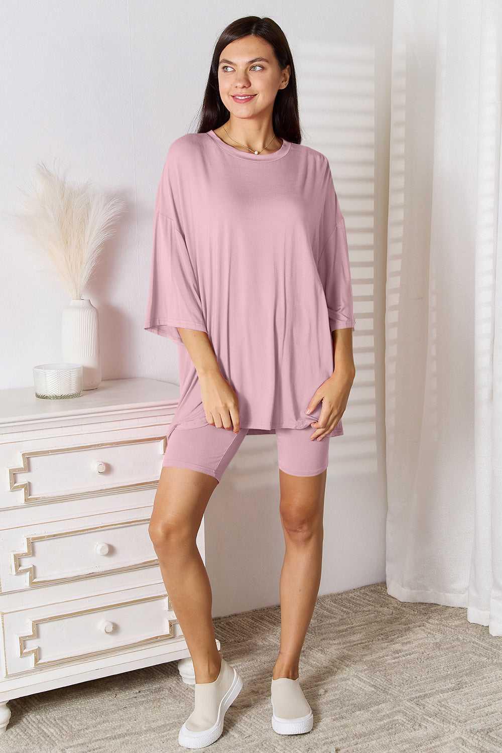 Basic Bae Full Size Soft Rayon Three-Quarter Sleeve Top and Shorts Set -- 