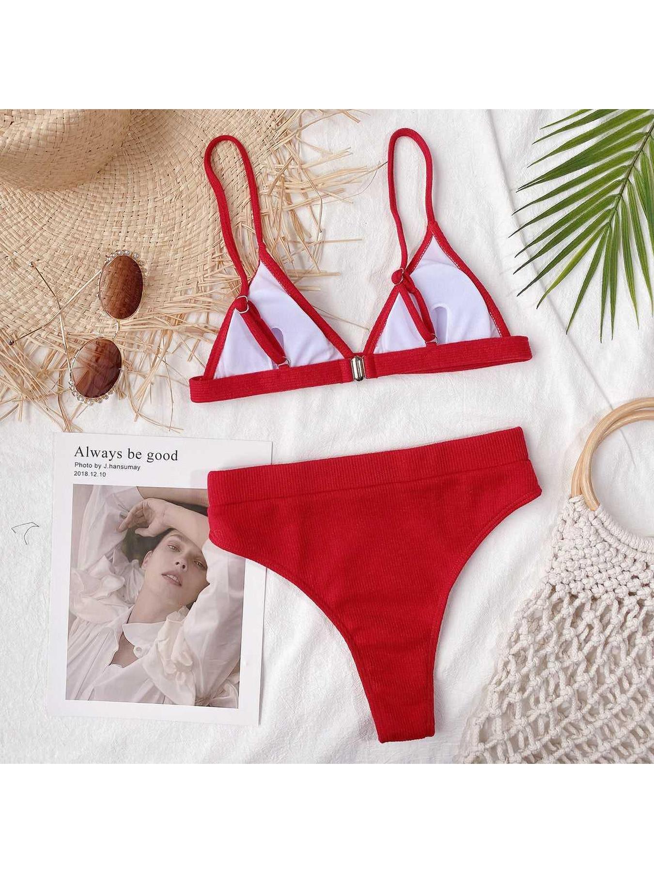 Spaghetti Strap Ribbed Bikini Set -- 