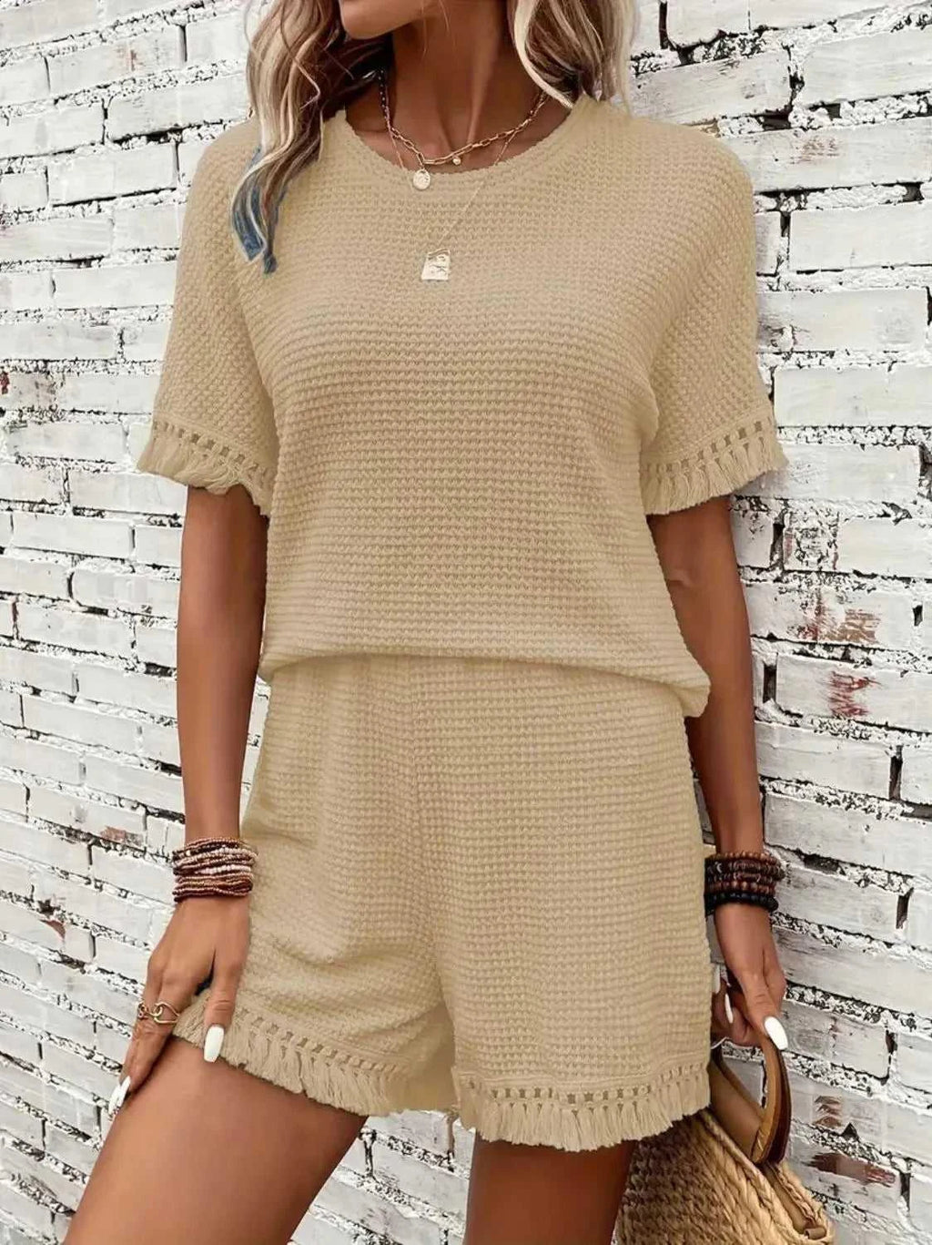 Tassel Round Neck Top and Shorts Set -- 