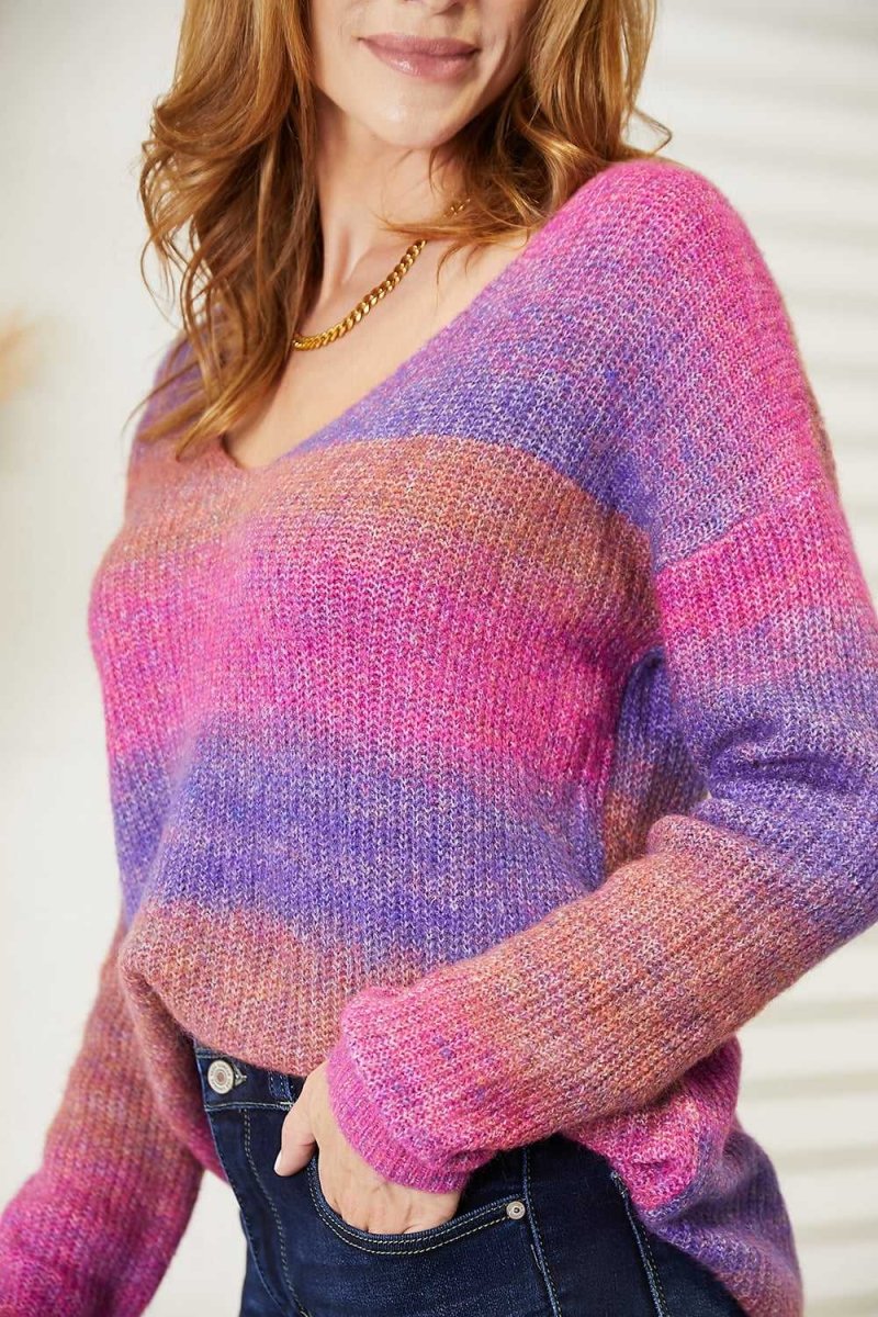 Angel Wings Multicolored Rib - Knit V - Neck Knit Pullover - Hopeford Streams