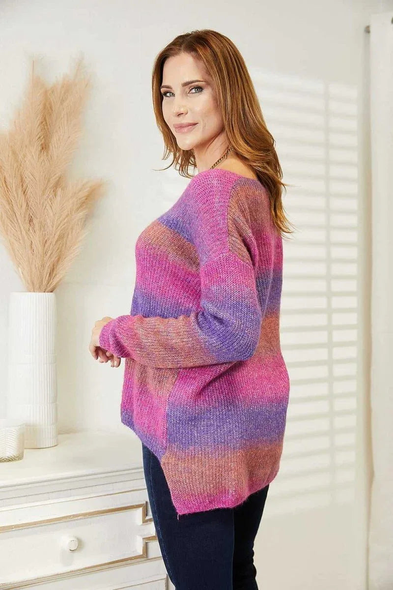 Angel Wings Multicolored Rib-Knit V-Neck Knit Pullover -- 