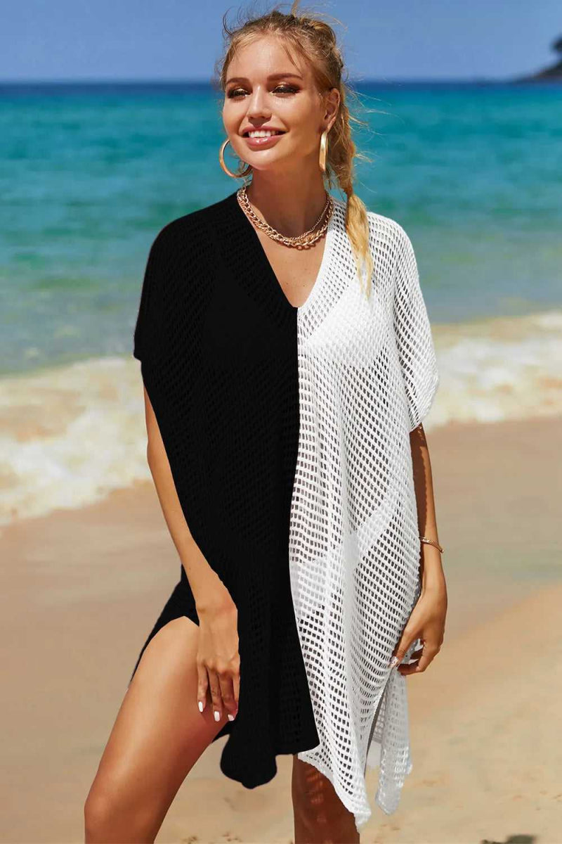 Angel Wings Openwork Contrast Slit Knit Cover Up - Hopeford Streams