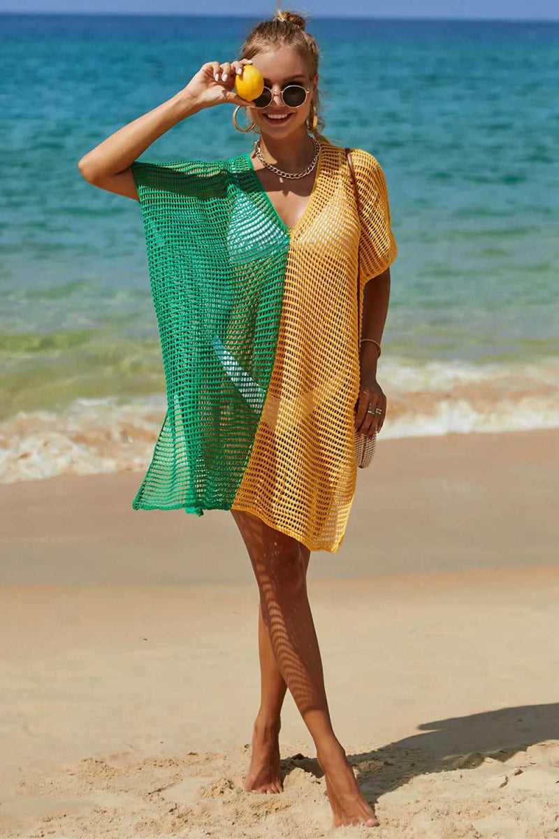 Angel Wings Openwork Contrast Slit Knit Cover Up - Hopeford Streams