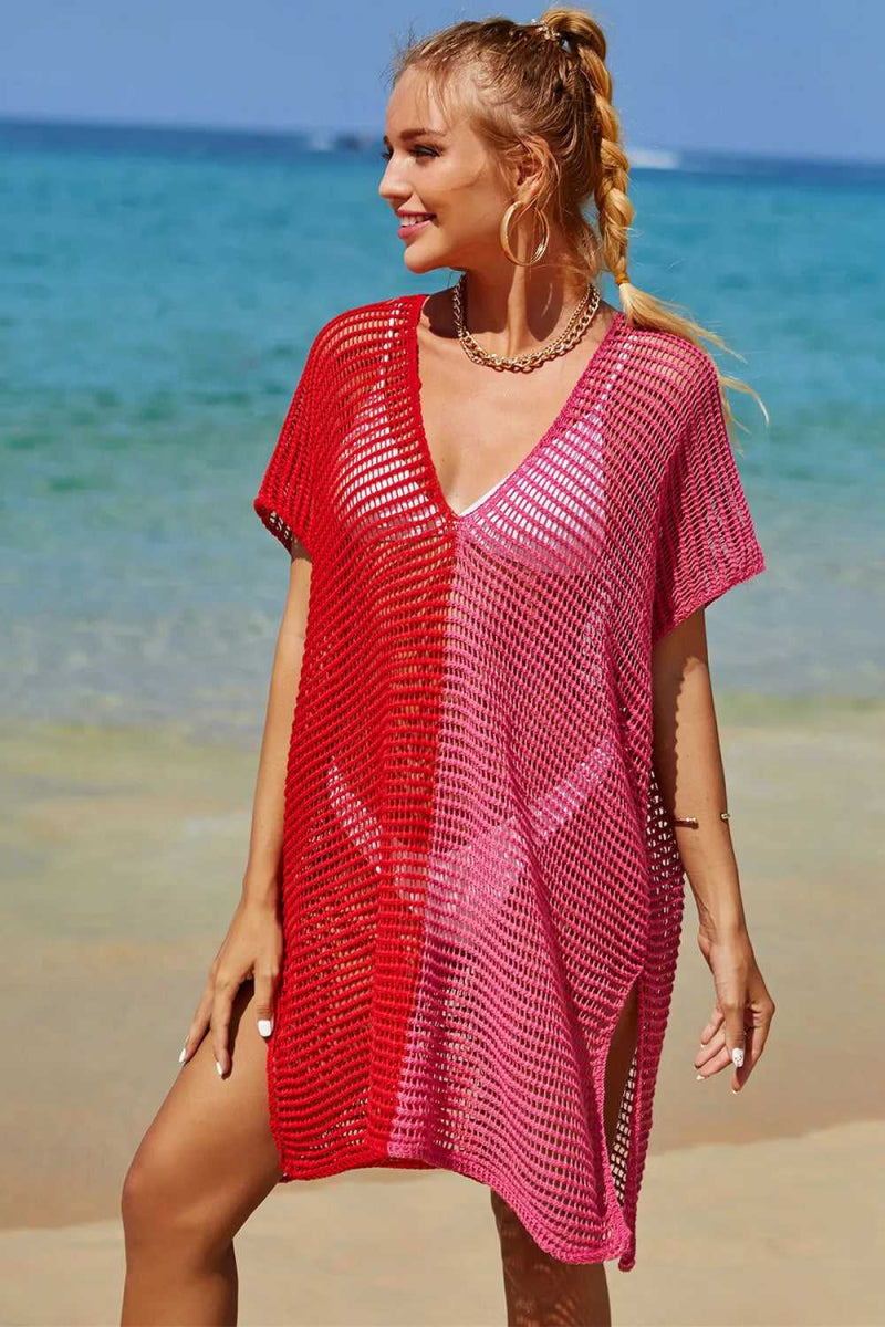 Angel Wings Openwork Contrast Slit Knit Cover Up - Hopeford Streams