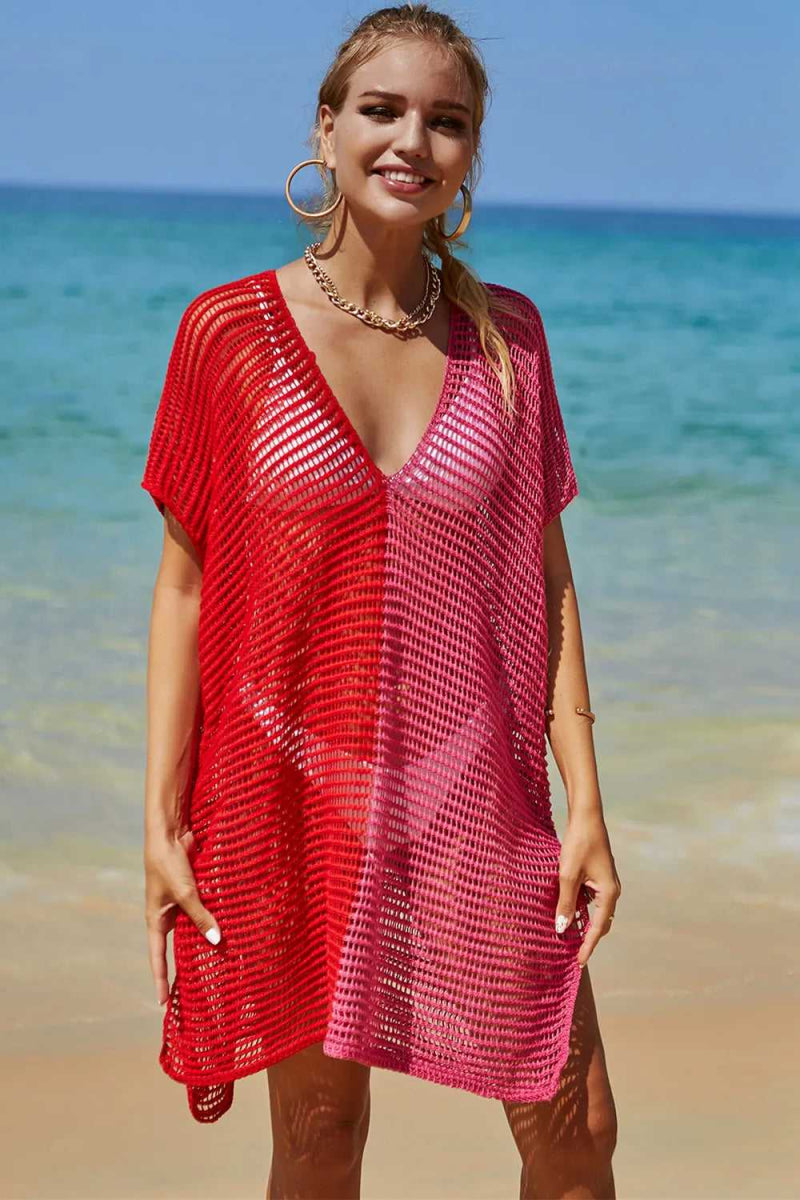 Angel Wings Openwork Contrast Slit Knit Cover Up - Hopeford Streams