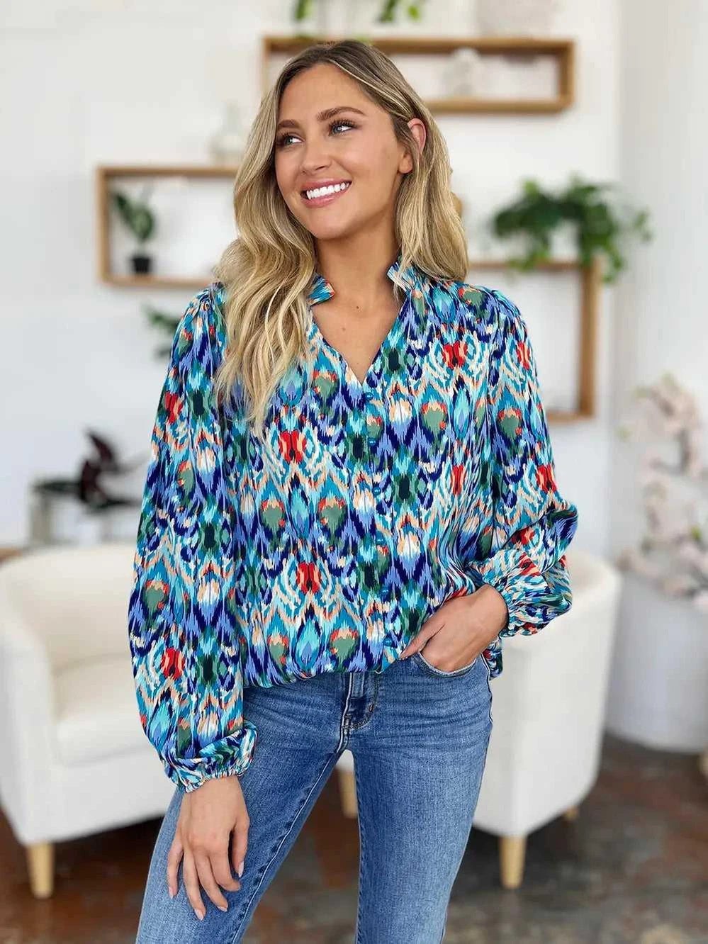 Double Take Full Size Printed Balloon Sleeve Blouse -- 
