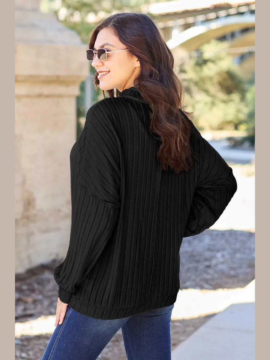Basic Bae Full Size Ribbed Exposed Seam Mock Neck Knit Top -- 