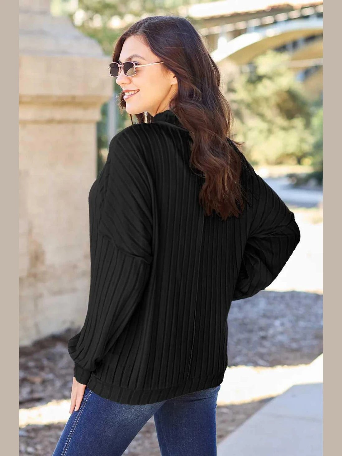 Basic Bae Full Size Ribbed Exposed Seam Mock Neck Knit Top -- 
