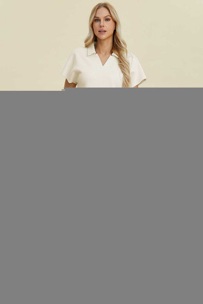 Double Take Full Size Collared Neck Short Sleeve Top and Pants Set