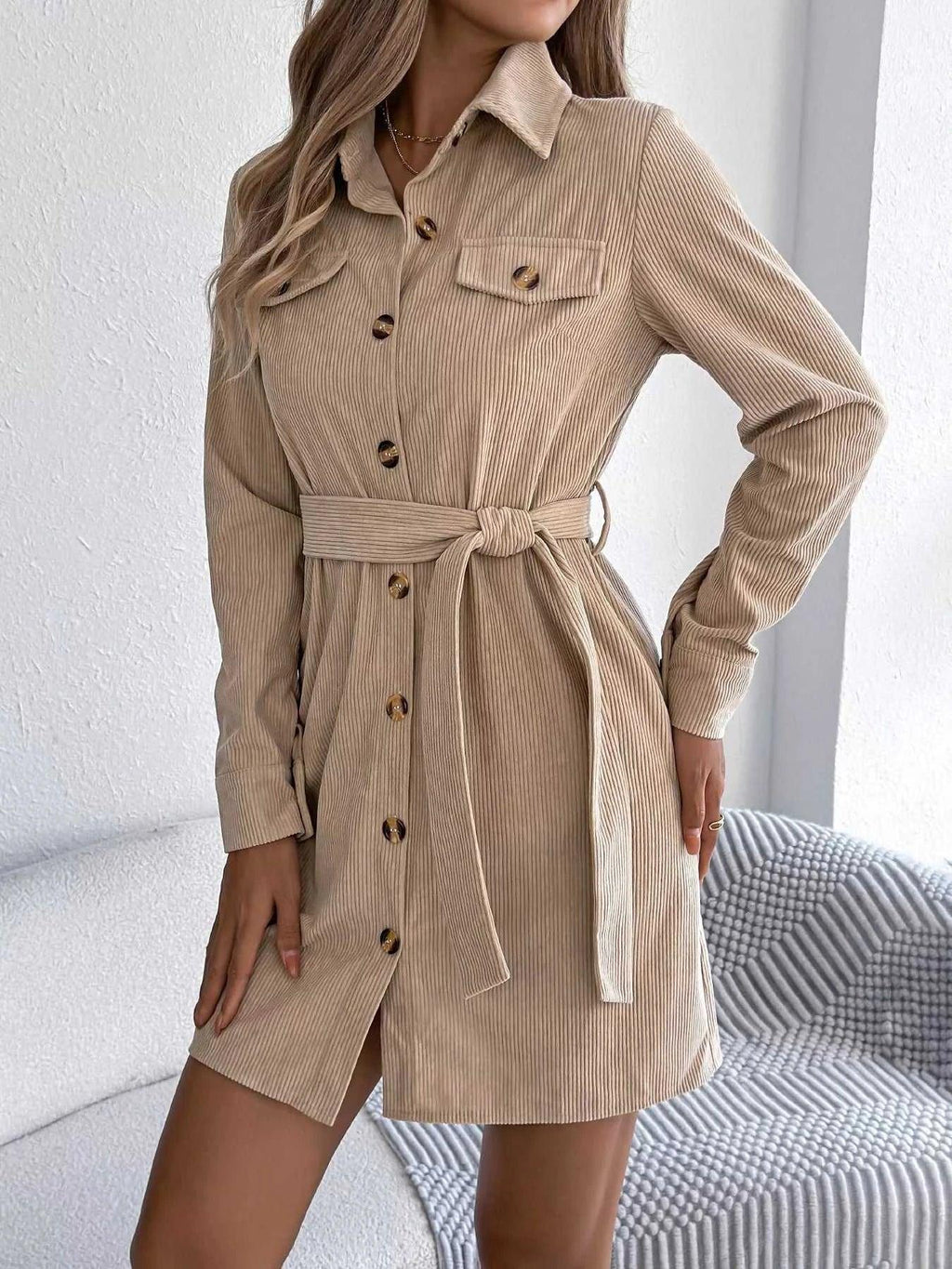 Button-Front Corduroy Shirt Dress -- 